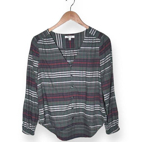 MADEWELL Pineview Plaid Button Front Blouse Top Striped Green Red Cozy Chic S/M - Picture 9 of 13